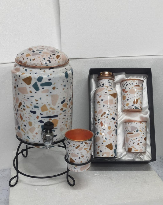 PC Home Decor | Set of 6 Handpainted Copper Water Tank and Bottle Set, White and Orange