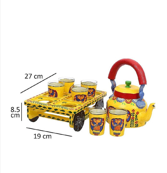 PC Home Decor | Hand Painted Indian Tea Kettle Set with 6 Glasses and Movable Cart, Red and Yellow