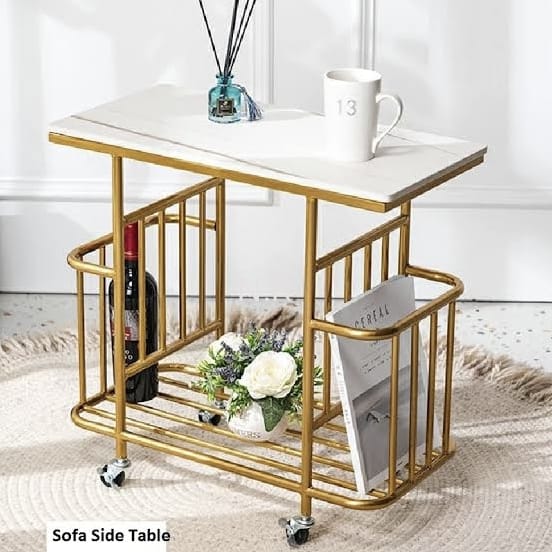 PC Home Decor | Metal Side Table Trolley With Storage and Marble Top, Gold and White